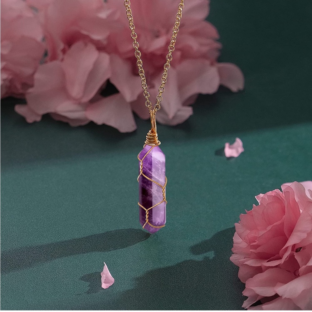 Amethyst Wire Wrapped Natural Point Pendant Necklace | Spiritual Quartz Gemstone